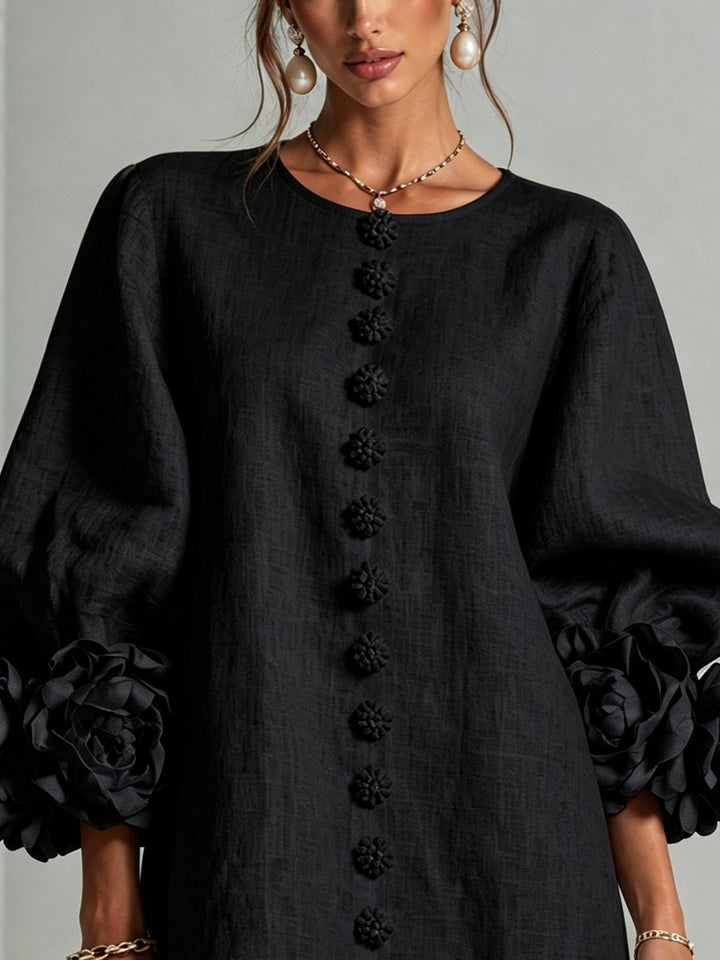 Vestito Mini Nero a Fiori con Bottoni e Maniche a Fiori Straordinarie