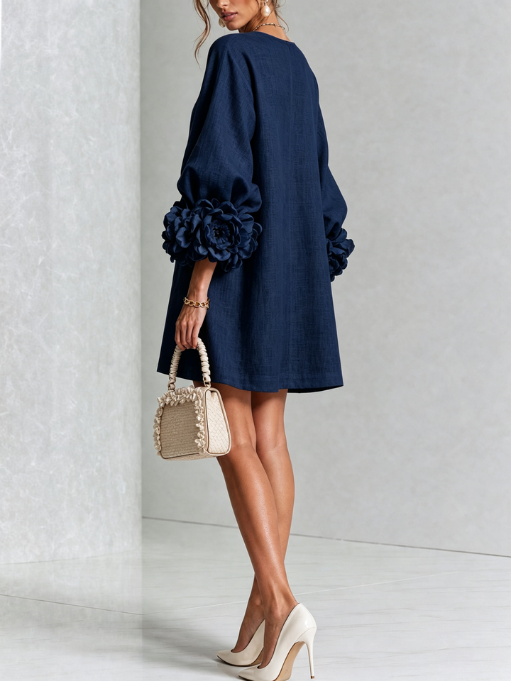 Abito Mini Button-down Navy con Maniche Floreali Stravaganti