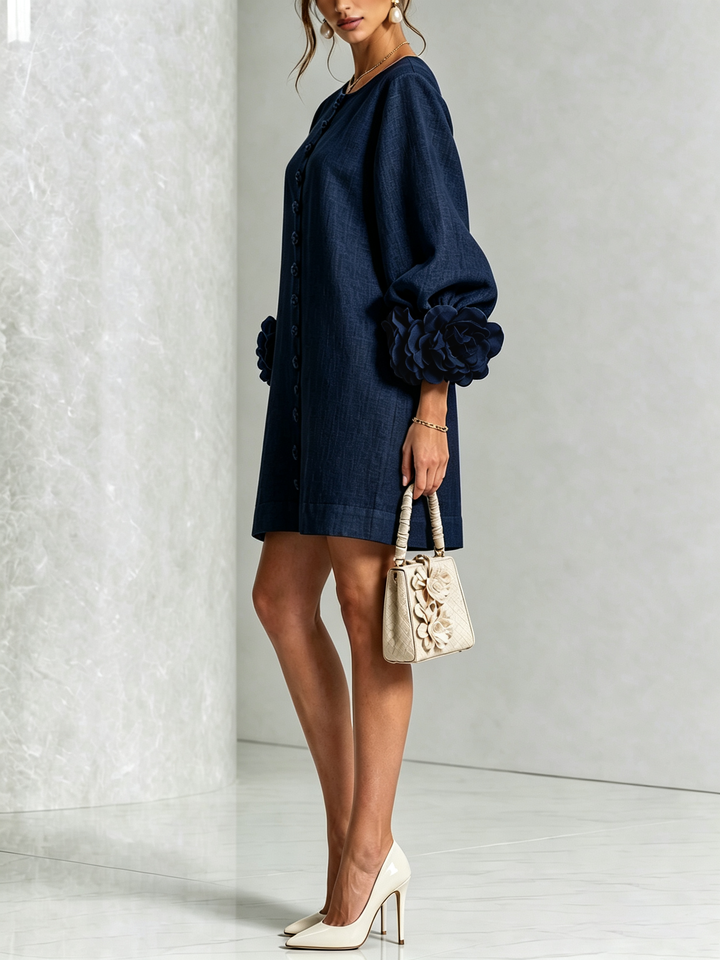 Abito Mini Button-down Navy con Maniche Floreali Stravaganti