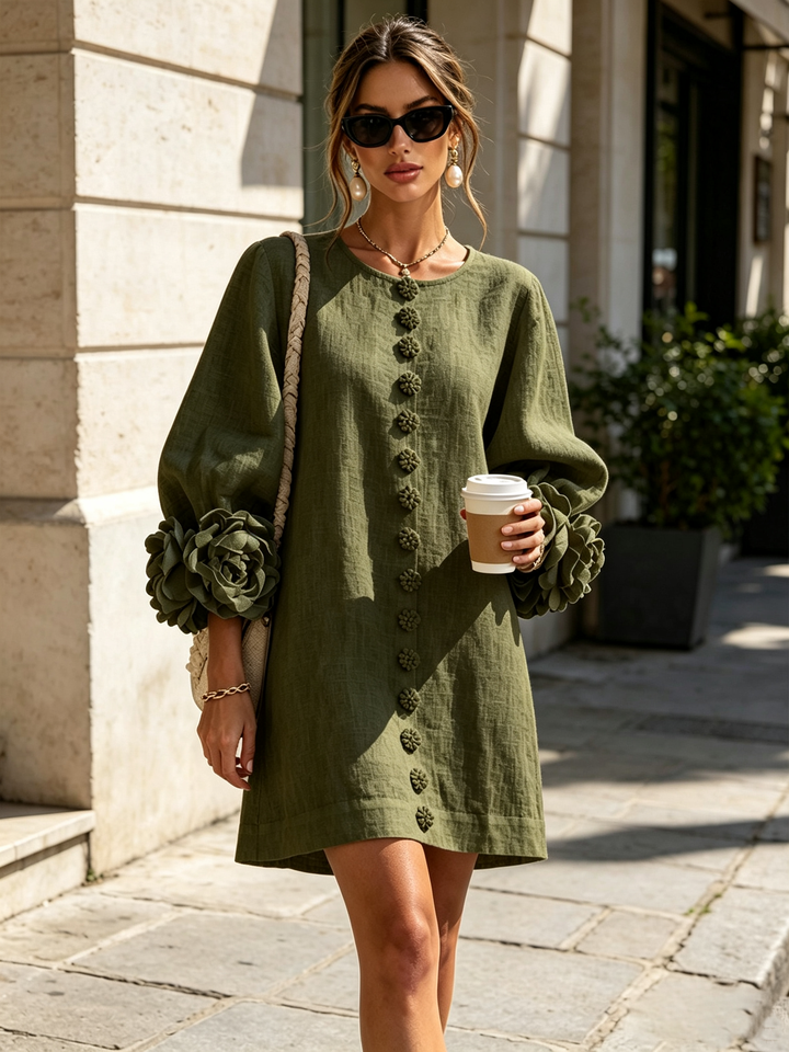 Abito Mini Button-down in Floreale Oliva con Maniche Floreali Stravaganti