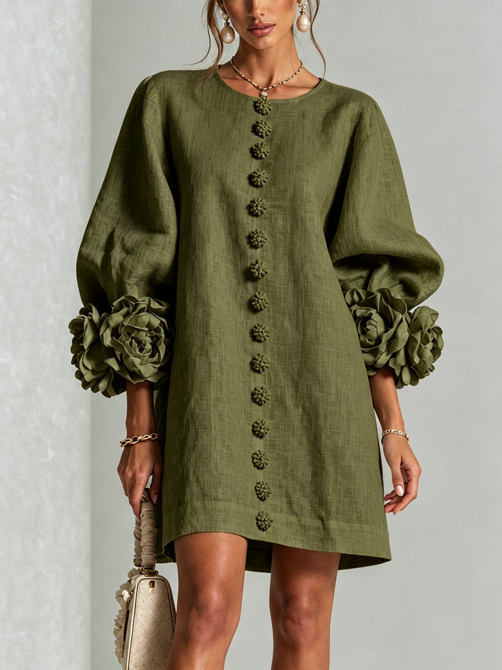 Abito Mini Button-down in Floreale Oliva con Maniche Floreali Stravaganti