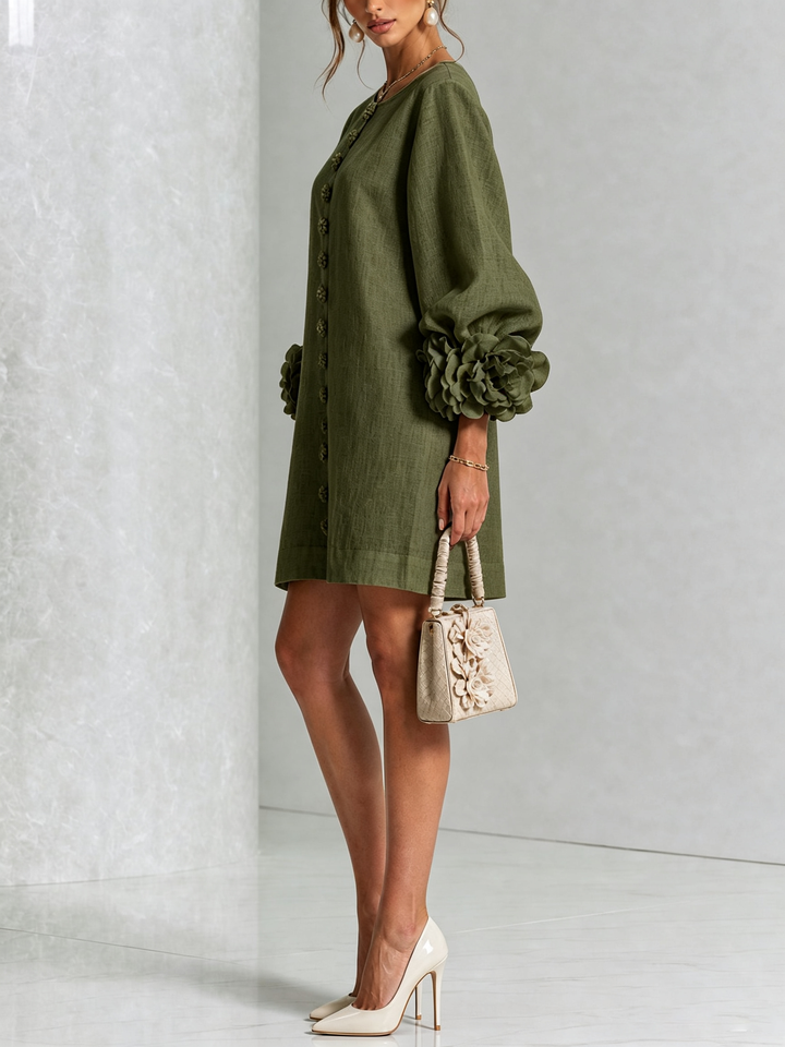 Abito Mini Button-down in Floreale Oliva con Maniche Floreali Stravaganti