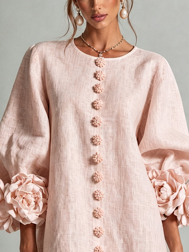 Abito Mini Button-down Floreale Rosa Con Maniche Floreali Stravaganti