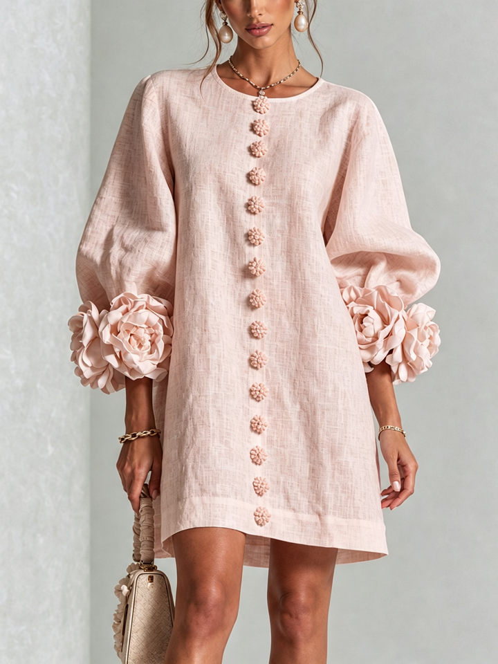 Abito Mini Button-down Floreale Rosa Con Maniche Floreali Stravaganti