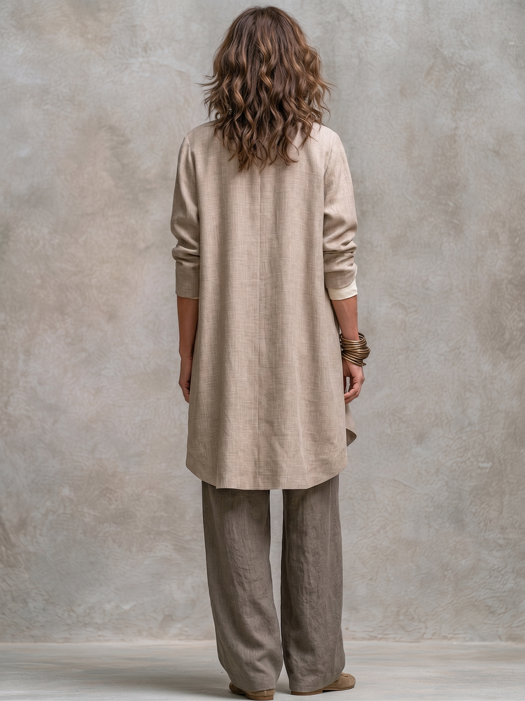 Completo Elegante a Tre Pezzi Beige Grigio Casual con Pantaloni a Gamba Larga