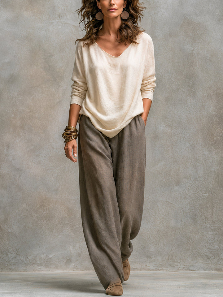 Completo Elegante a Tre Pezzi Beige Grigio Casual con Pantaloni a Gamba Larga