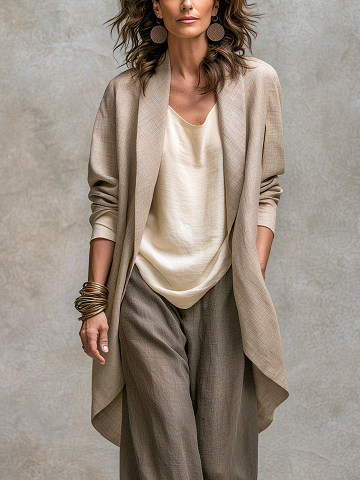 Completo Elegante a Tre Pezzi Beige Grigio Casual con Pantaloni a Gamba Larga