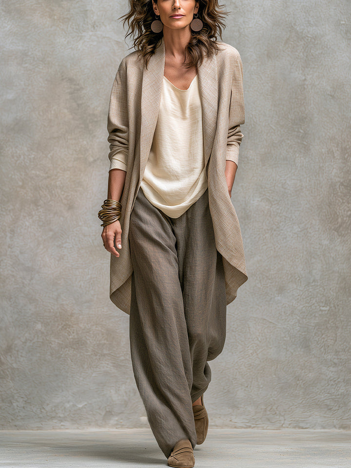 Completo Elegante a Tre Pezzi Beige Grigio Casual con Pantaloni a Gamba Larga