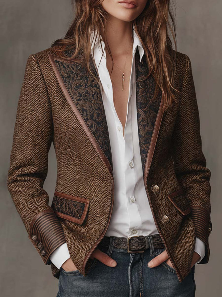 Blazer da Donna con Pannello Stampato a Spina di Pesce