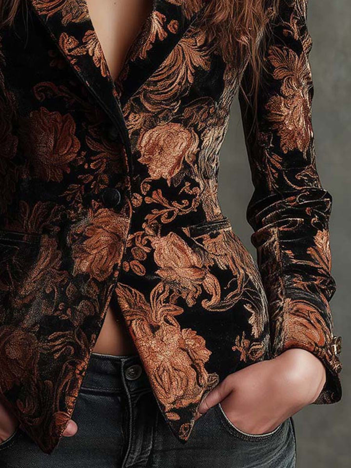 Blazer Tailored Nero e Bronzo con Stampa Floreale per Donne