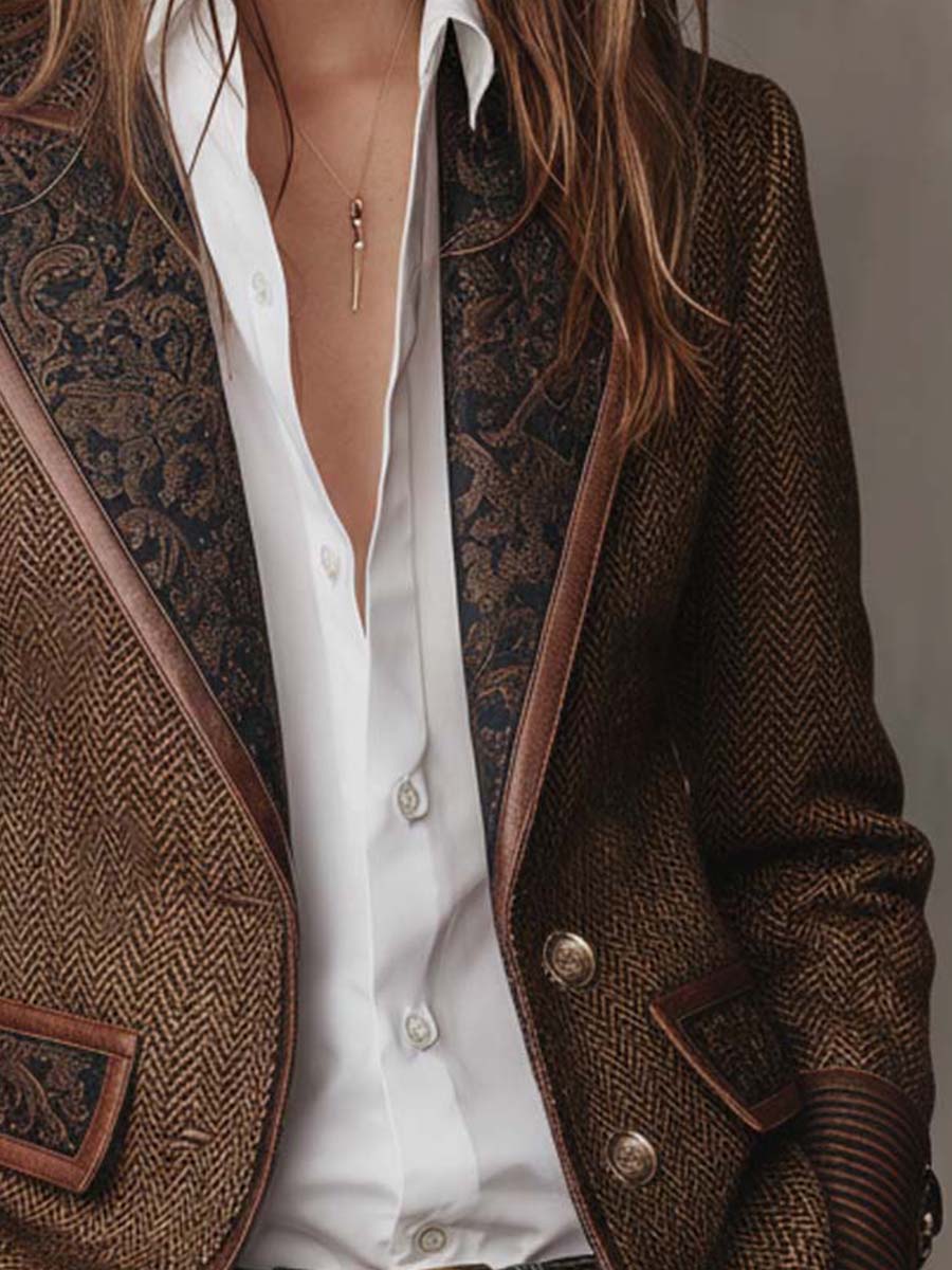 Blazer da Donna con Pannello Stampato a Spina di Pesce