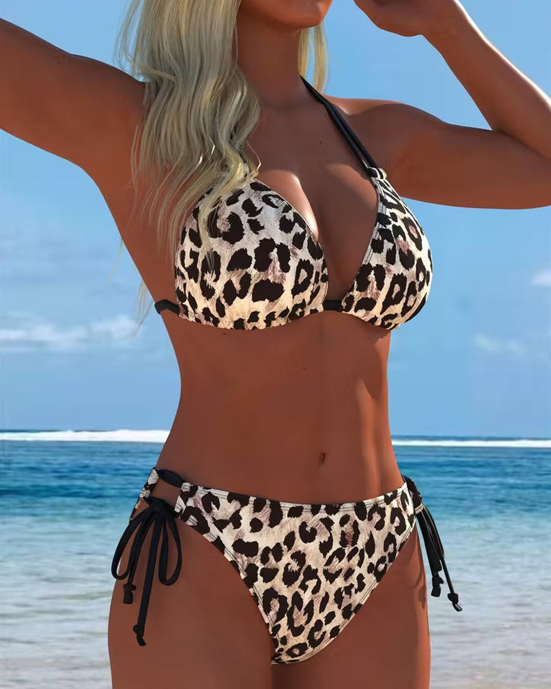 Bikini con Motivo Leopardato Halterneck con Spalline
