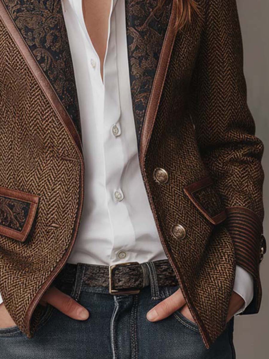 Blazer da Donna con Pannello Stampato a Spina di Pesce