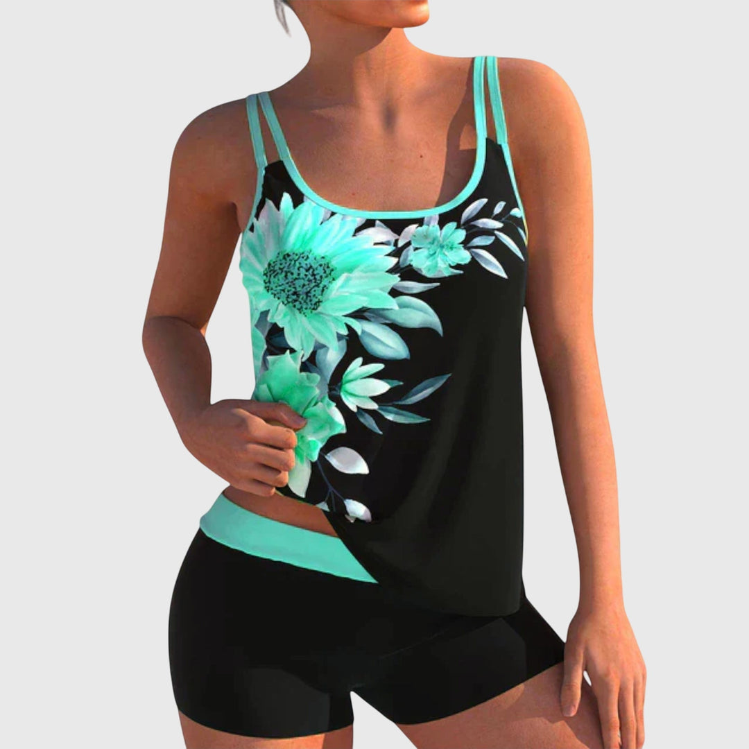 Flor – Tankini floreale con short, effetto pancia piatta