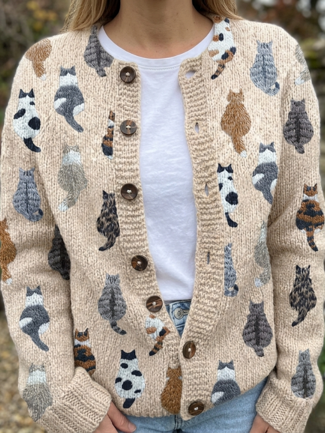 Charlotte™ | Cardigan Con Stampa di Gatti Accogliente