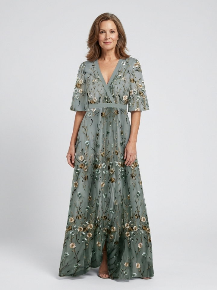 Evadne | Abito maxi floreale con scollatura a V e maniche corte