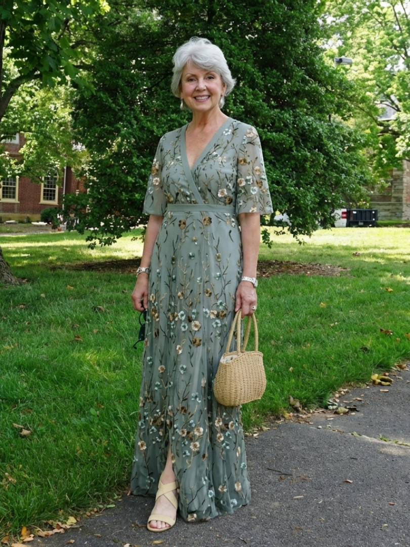 Evadne | Abito maxi floreale con scollatura a V e maniche corte