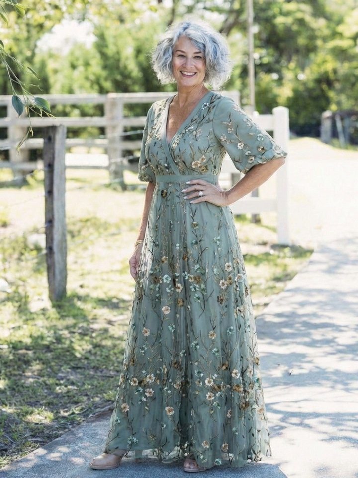 Evadne | Abito maxi floreale con scollatura a V e maniche corte