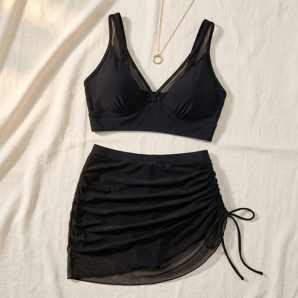 Marella™ – Set Bikini a Vita Alta in Rete con Gonna Arricciata