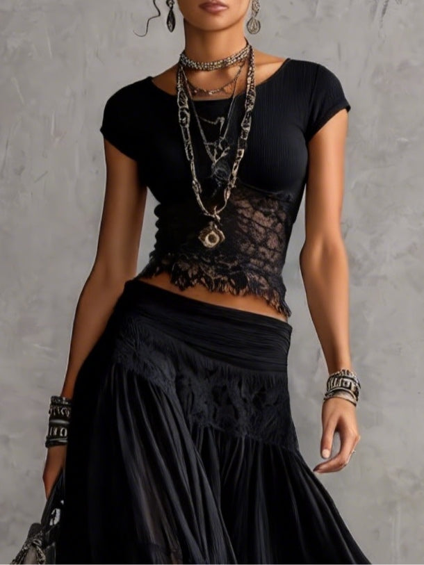 Top Nero in Pizzo Trasparente con Pannelli e Set di Gonna Maxi Plissettata