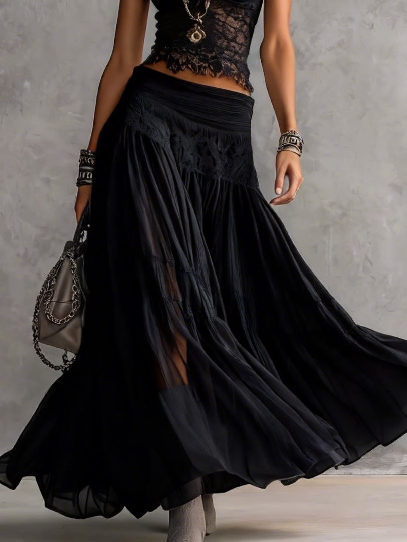 Top Nero in Pizzo Trasparente con Pannelli e Set di Gonna Maxi Plissettata