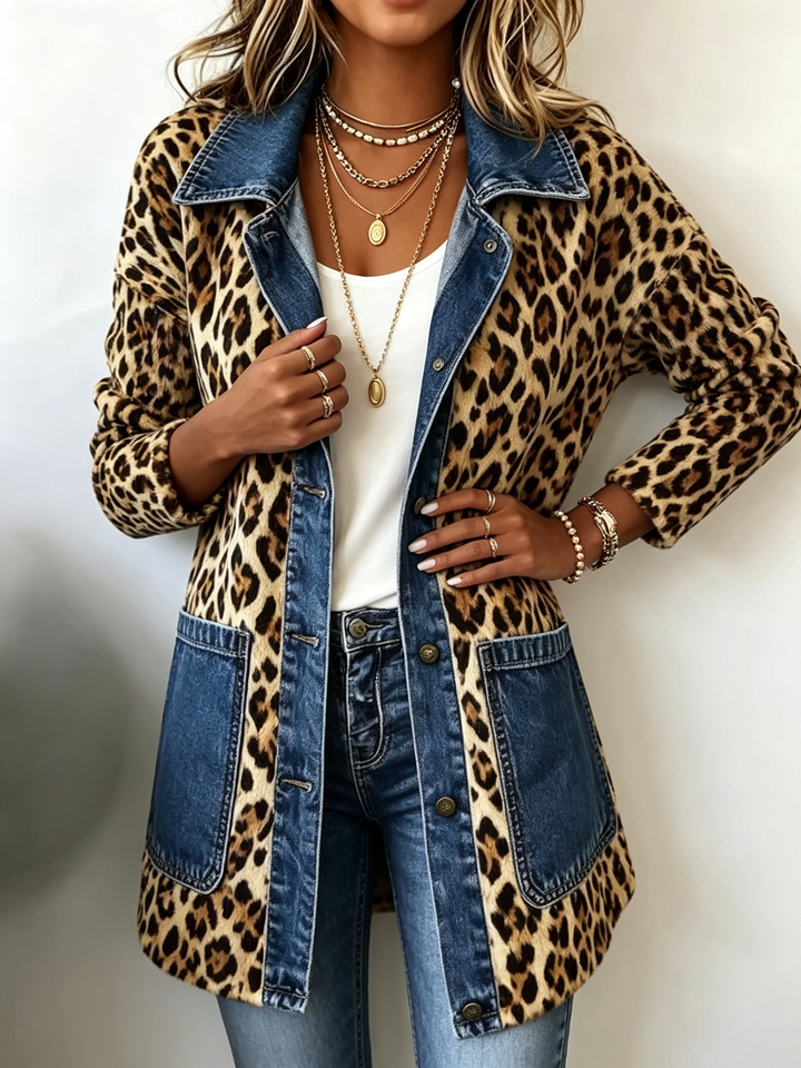 Fablenne™ | Giacca lunga a contrasto con pannello in denim e stampa leopardata