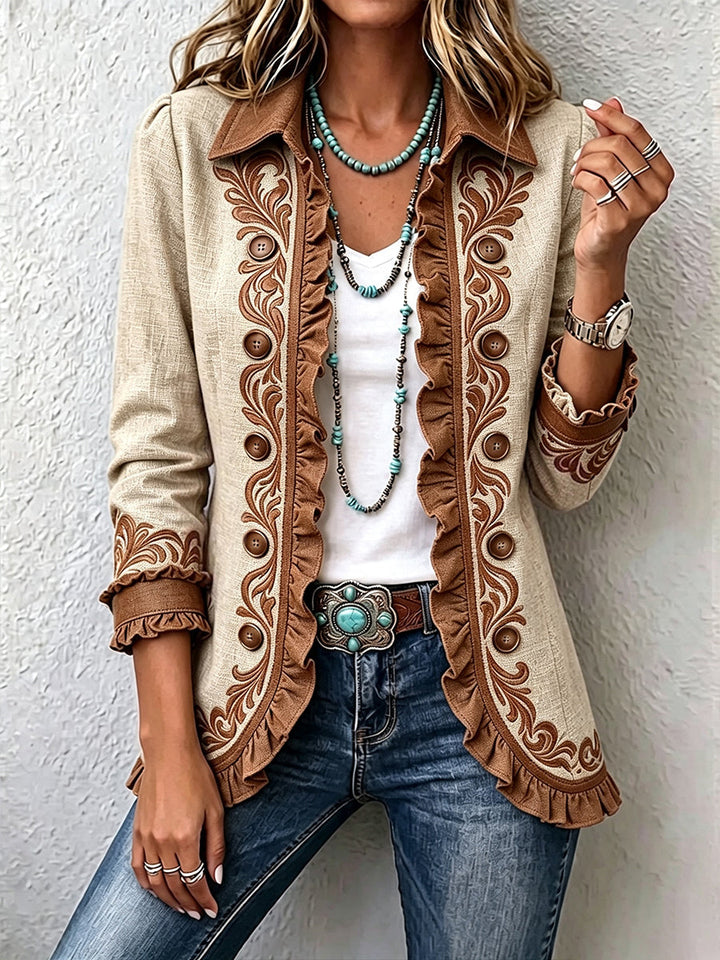 Dawncroft™ | Giacca Vintage Bohemien a Fiori con Rouches