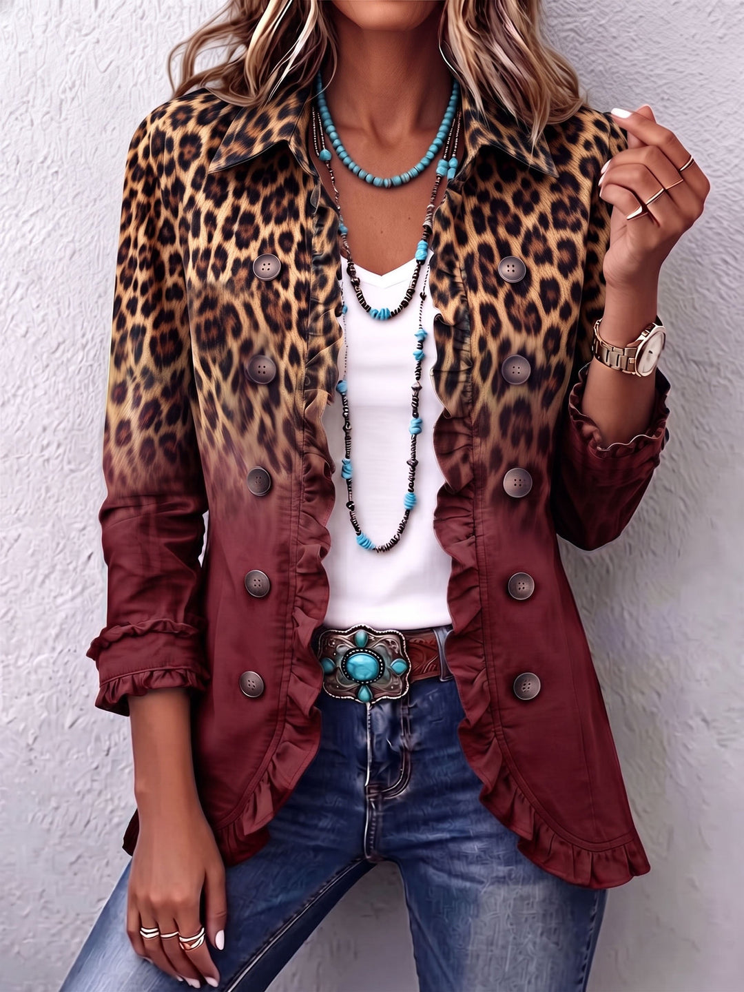 Elspeth™ | Giacca Blazer Ruffle Ombre Leopardo