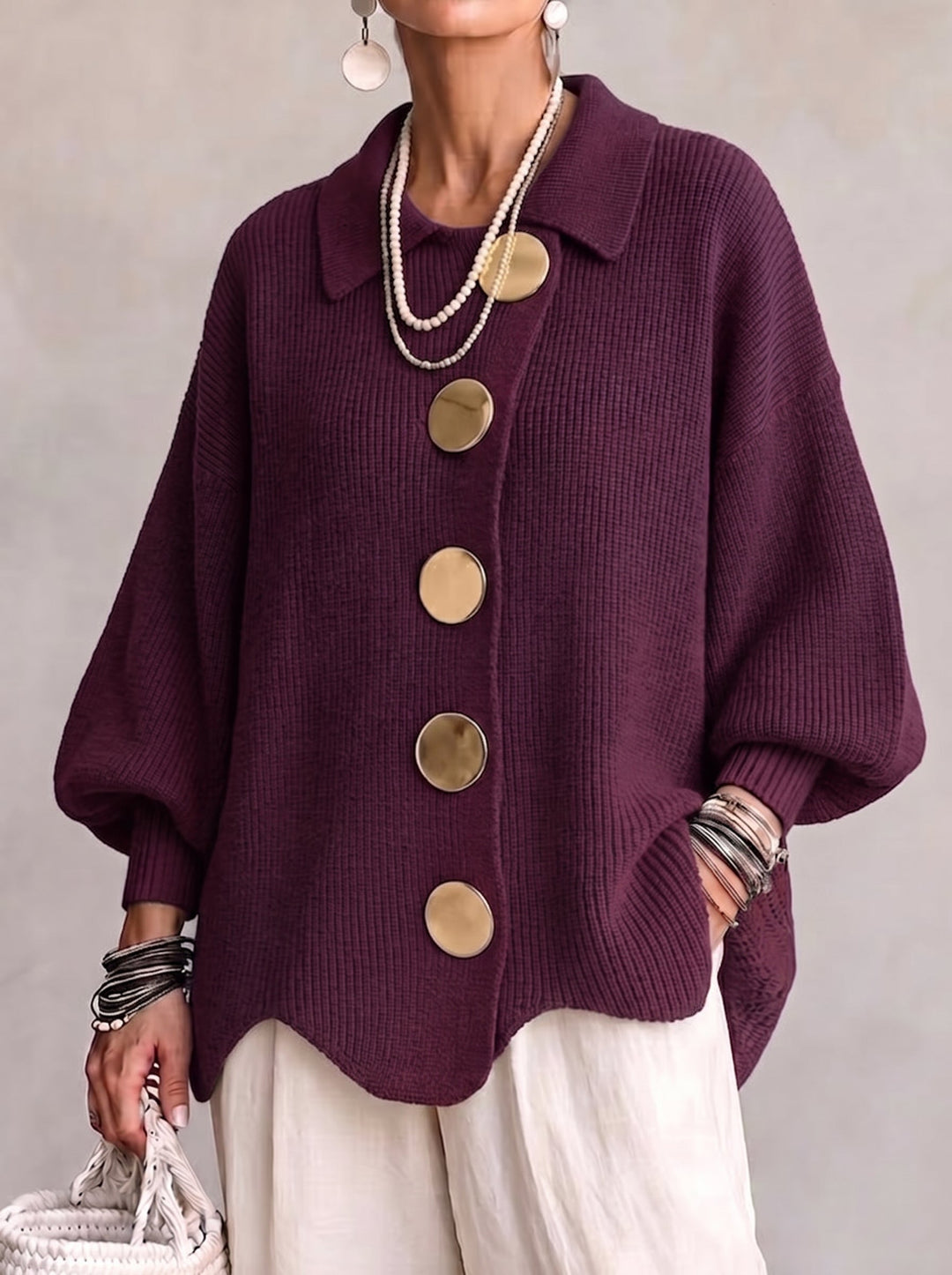 Isadora™ | Cardigan Oversize con Collo e Grandi Bottoni in Metallo