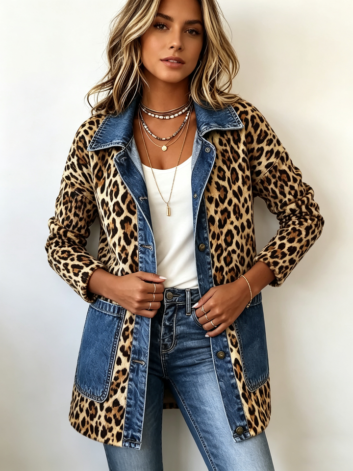 Fablenne™ | Giacca lunga a contrasto con pannello in denim e stampa leopardata