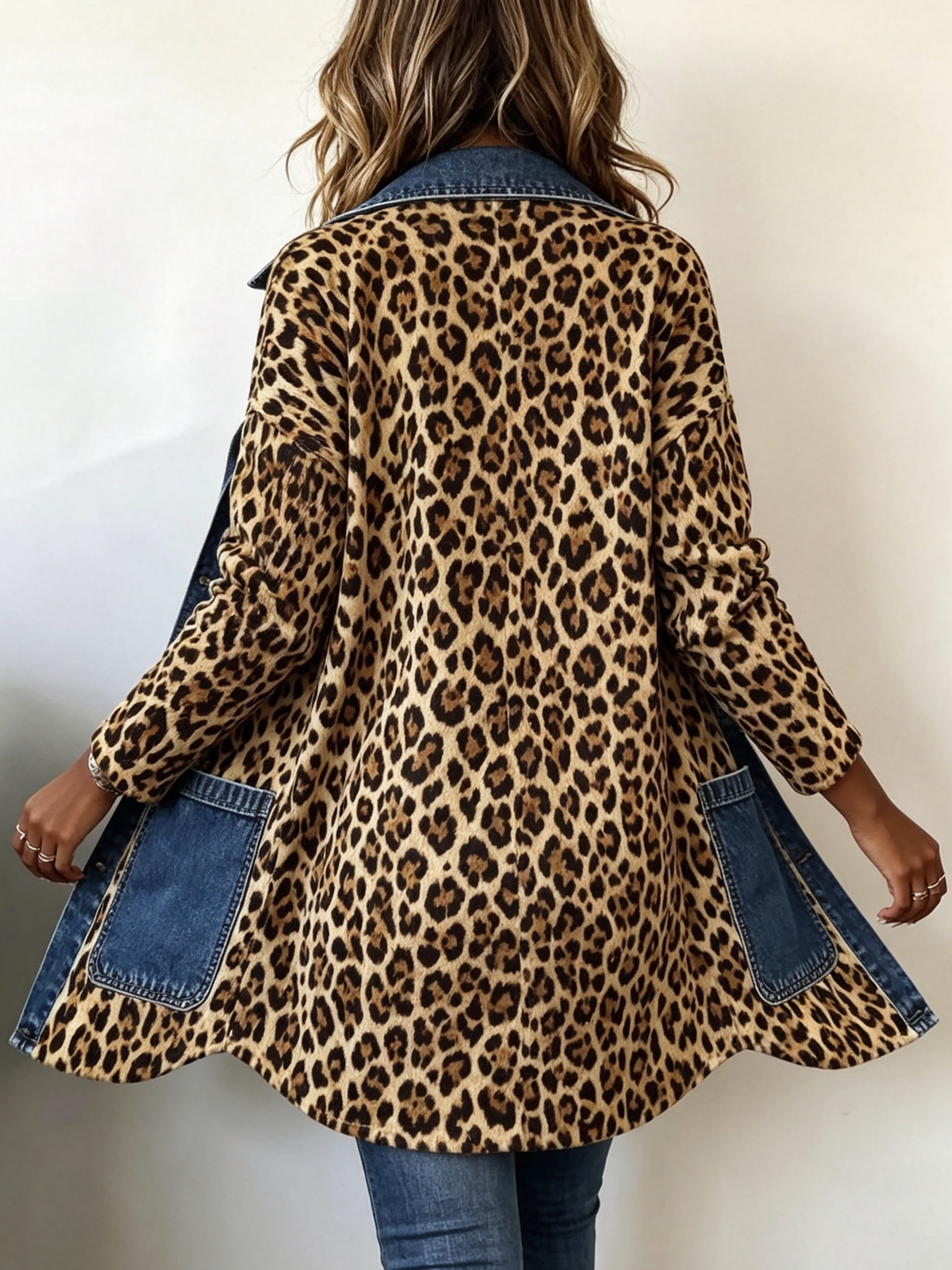 Fablenne™ | Giacca lunga a contrasto con pannello in denim e stampa leopardata