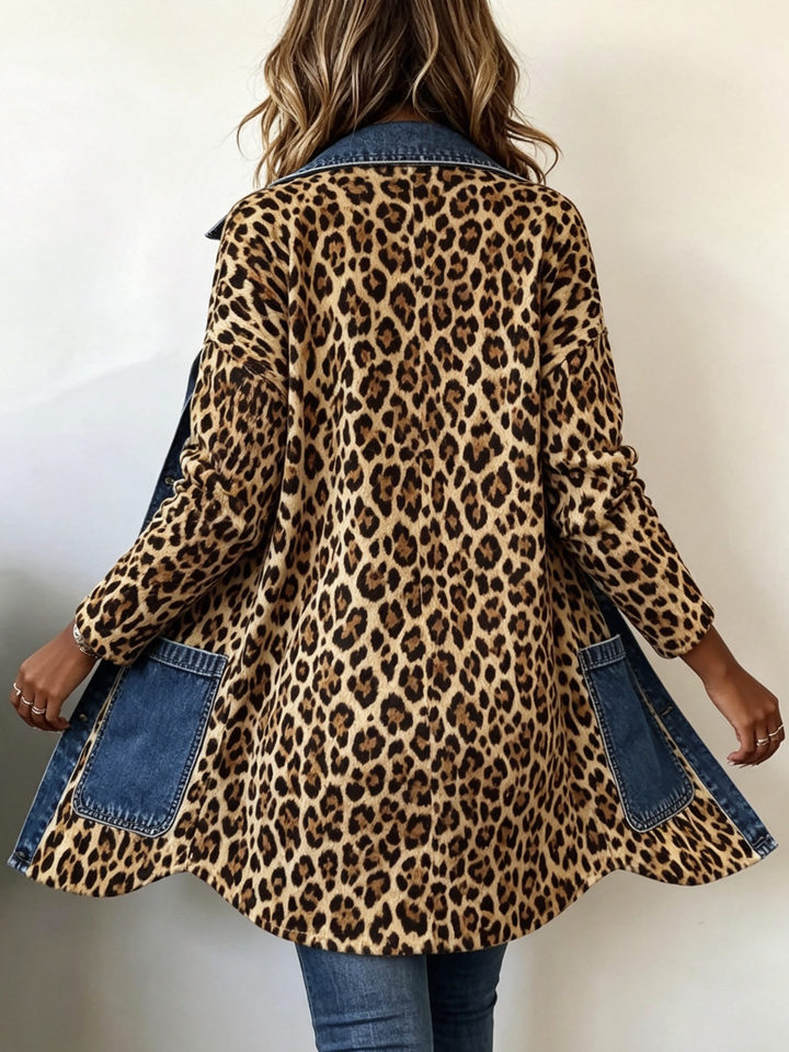 Fablenne™ | Giacca lunga a contrasto con pannello in denim e stampa leopardata