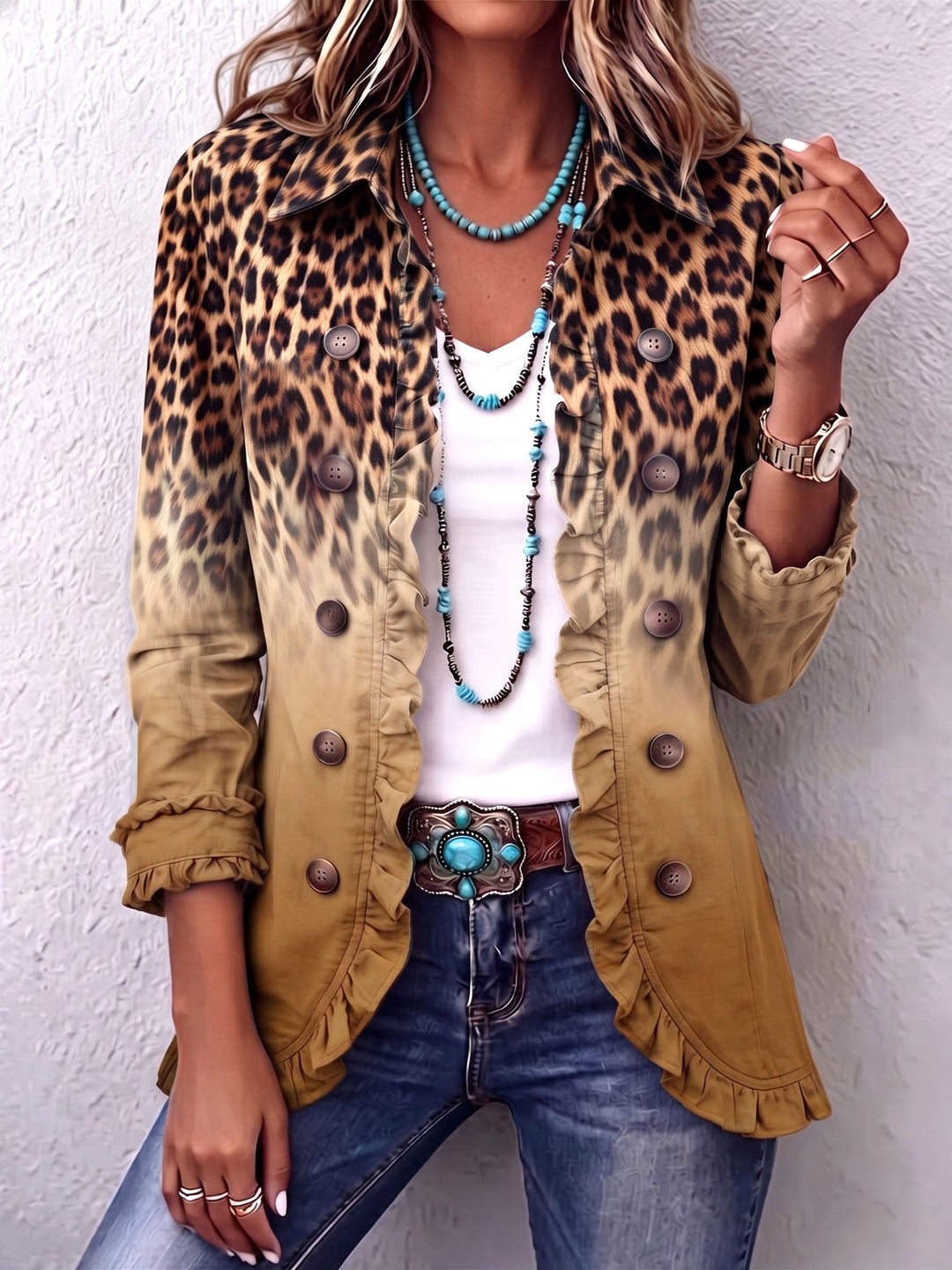 Elspeth™ | Giacca Blazer Ruffle Ombre Leopardo