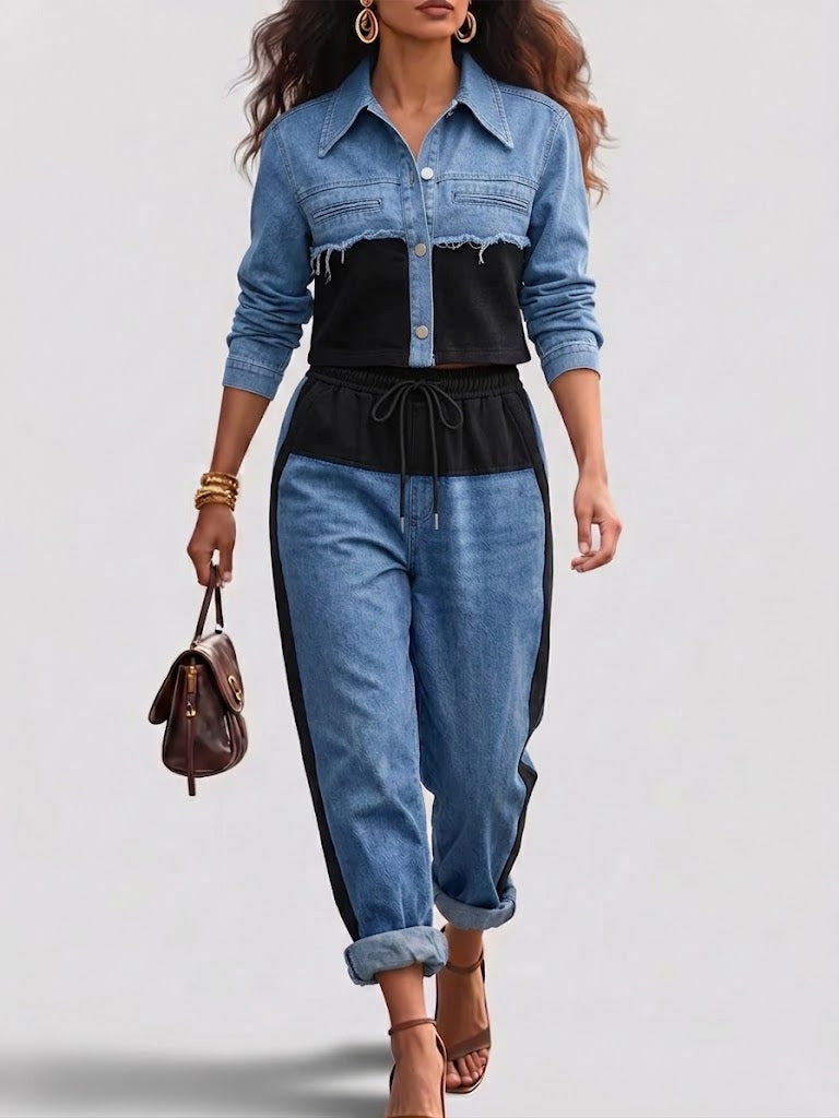 Holbrook™ | Giacca Cropped a Blocchi di Colore e Set di Pantaloni a Gamba Larga