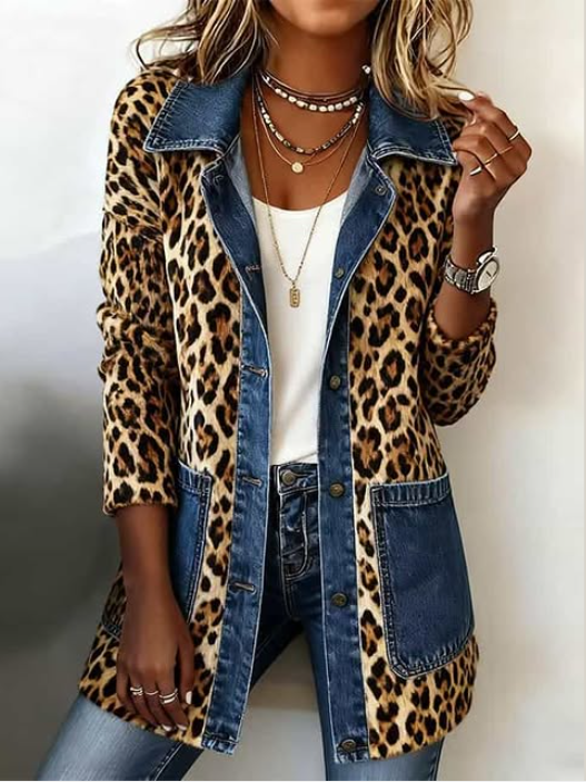 Fablenne™ | Giacca lunga a contrasto con pannello in denim e stampa leopardata
