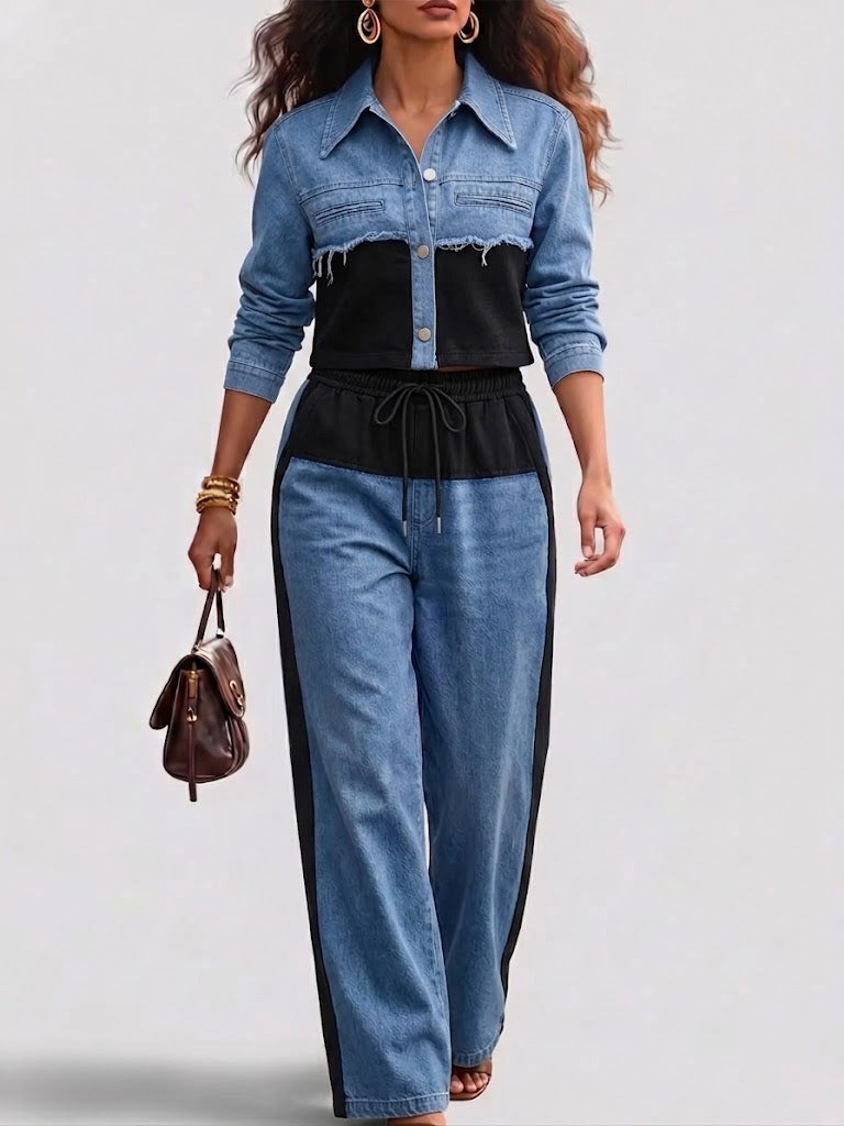 Holbrook™ | Giacca Cropped a Blocchi di Colore e Set di Pantaloni a Gamba Larga