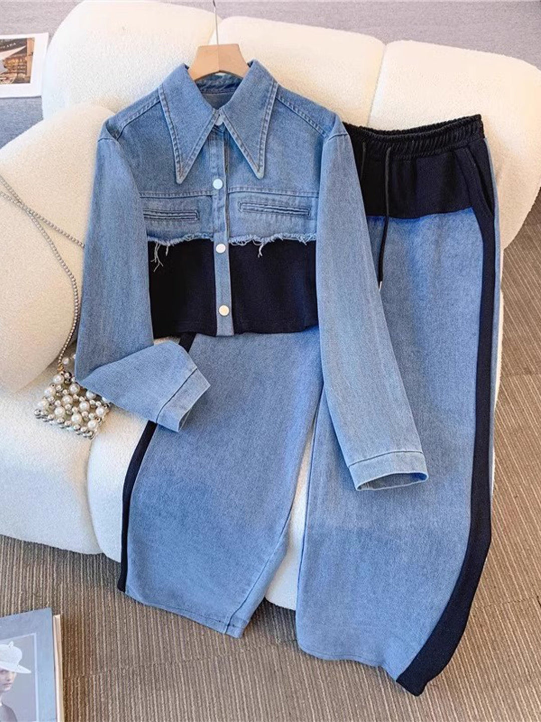 Holbrook™ | Giacca Cropped a Blocchi di Colore e Set di Pantaloni a Gamba Larga
