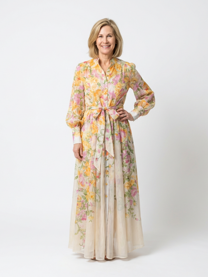 Cressida | Abito maxi floreale e trasparente con maniche lunghe