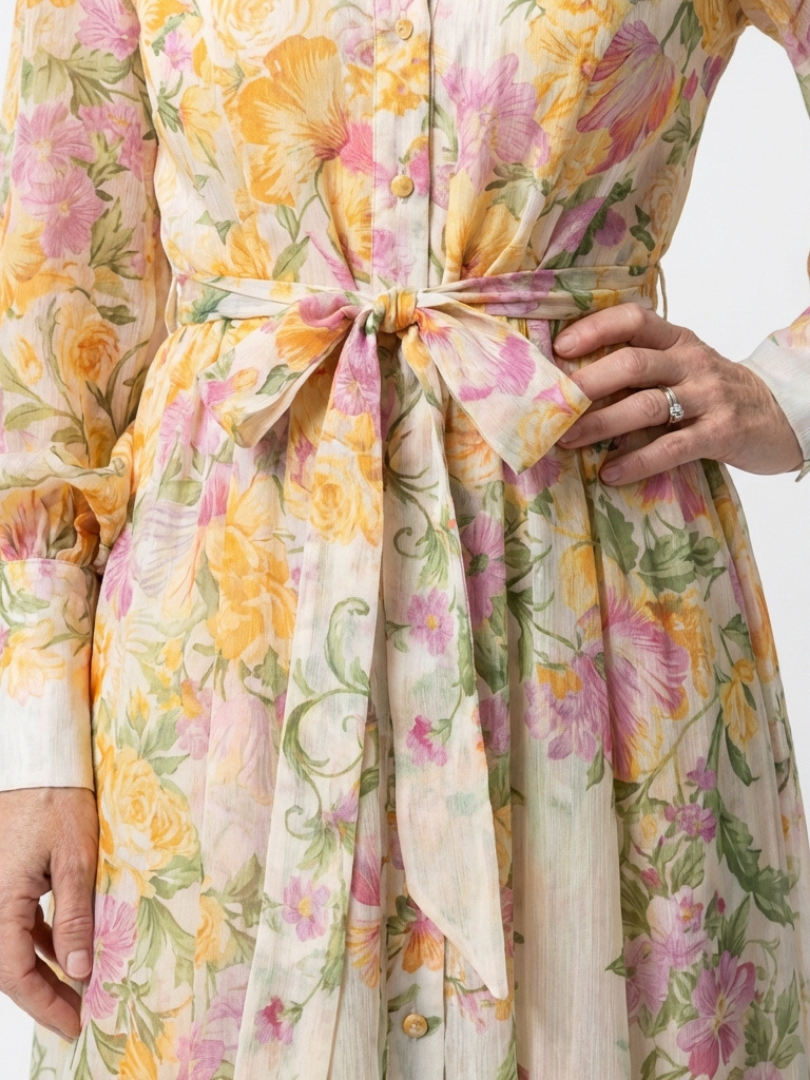 Cressida | Abito maxi floreale e trasparente con maniche lunghe