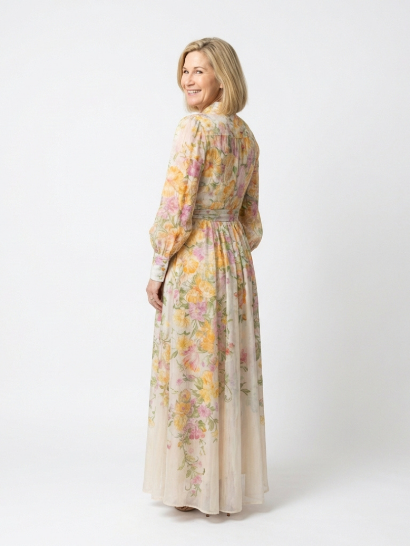 Cressida | Abito maxi floreale e trasparente con maniche lunghe