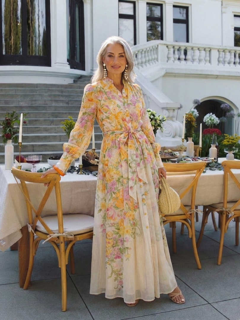 Cressida | Abito maxi floreale e trasparente con maniche lunghe