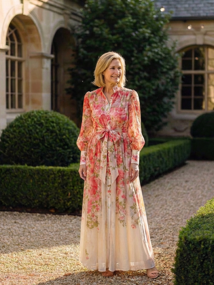 Cressida | Abito maxi floreale e trasparente con maniche lunghe
