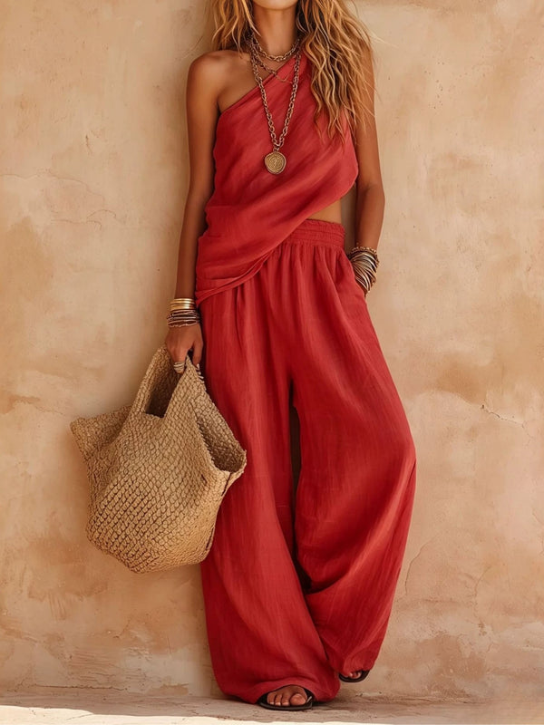 Set Casual Top Senza Maniche a Spalla Unica e Pantaloni Rosa