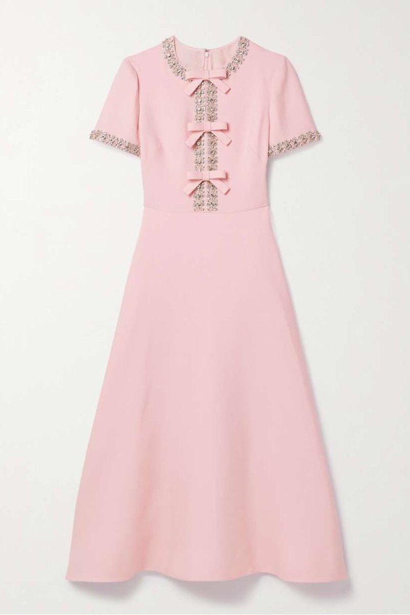 Abito midi in satin con nodo e decorazioni in cristallo
